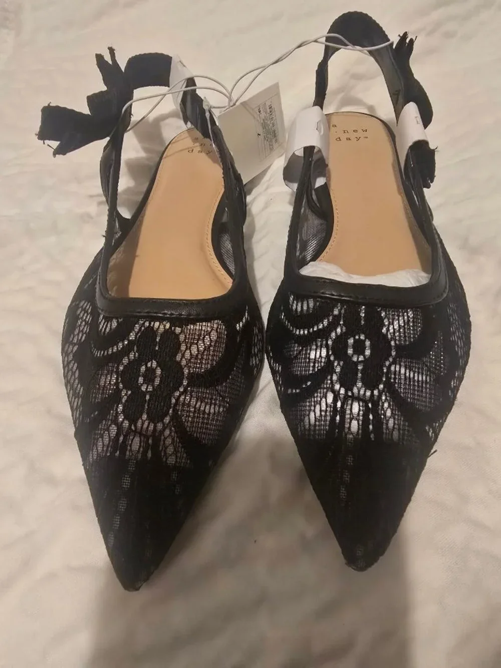 Women's London Lace Sling Back Bow Flats - a New Day™ Black 6: Cushioned Insole,